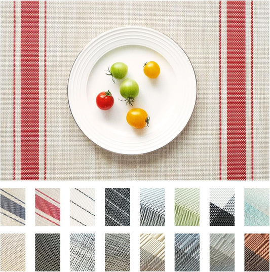Placemats Set of 4 Vinyl/Plastic Woven Place Mats for Kitchen Table Indoor/Outdoor Washable Placemat Wipeable Dining Table Mats (Khaki Red,4)