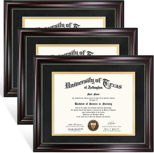 GraduationMall 8.5x11 Diploma Frame with Black over Gold Mat or Display 11x14 Document without Mat, UV Protection Acrylic, Mahogany with Gold Beads, Set of 3
