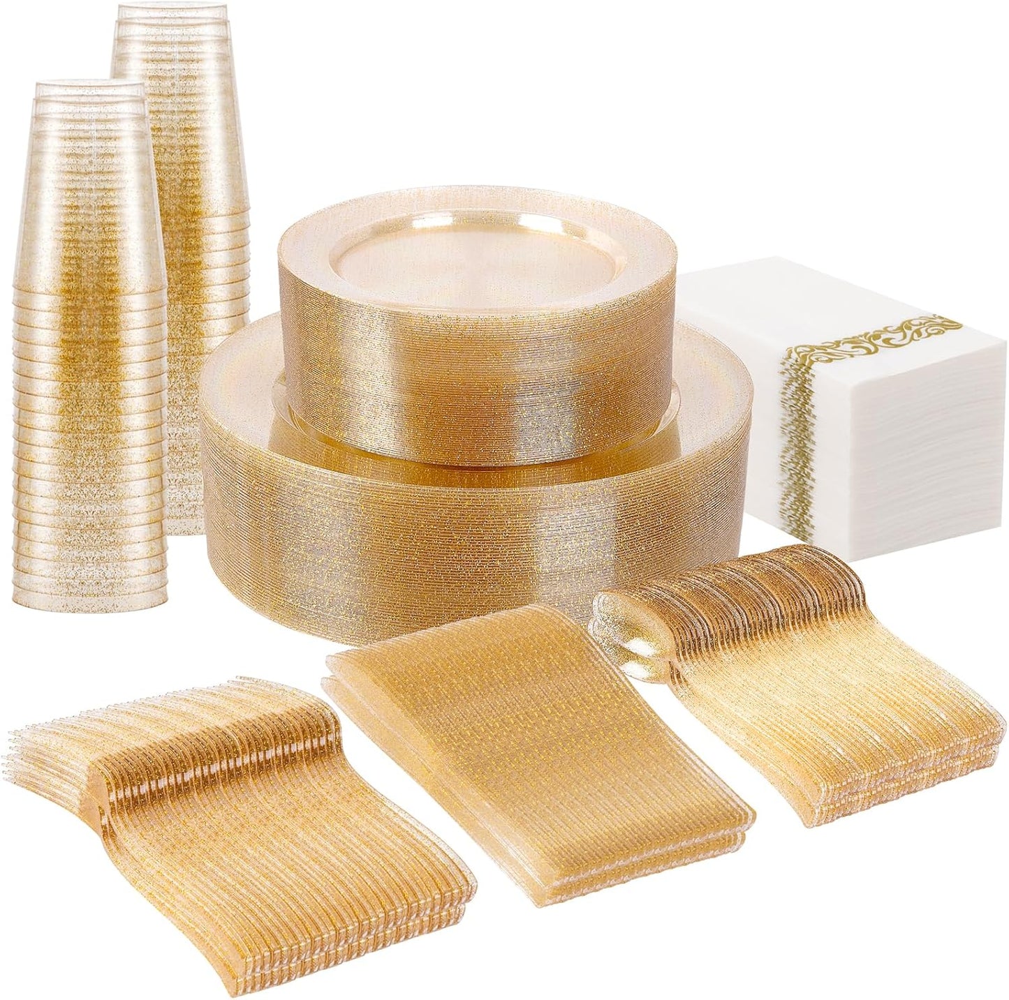 Supernal 400pcs Gold Glitter Plastic Dinnerware, Disposable Plates for Party Include 50 Gold Plastic Plate, 50pcs Dessert Plate 100 Glitter Forks, 50 Disposable Knives and Spoons, 50Cups and Napkins