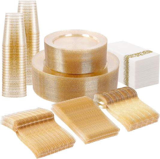 Supernal 400pcs Gold Glitter Plastic Dinnerware, Disposable Plates for Party Include 50 Gold Plastic Plate, 50pcs Dessert Plate 100 Glitter Forks, 50 Disposable Knives and Spoons, 50Cups and Napkins