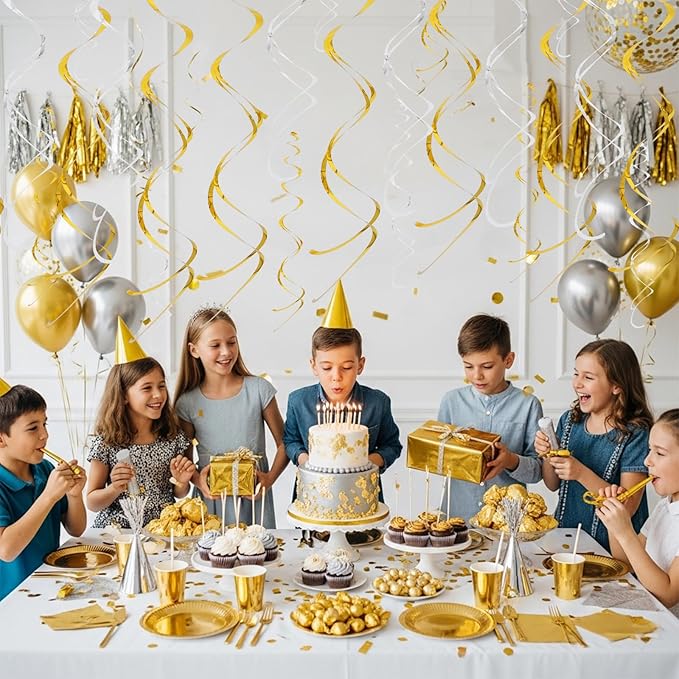 BEISHIDA Gold Silver Hanging Swirls Party Decorations Plastic Streamer for Ceiling, Wedding Graduation Birthday Bachelorette Hanging Party Supplies, Pack of 20