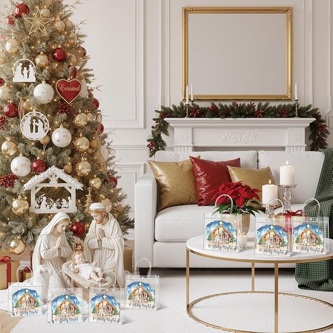 Aliceset 20 Pcs Christmas Nativity Gift Bags with Handles Clear Christian Christmas Goodie Bags Watercolor Holy Night Jesus Wrapping for Christian Holiday Decoration Religious Presents Wrapping