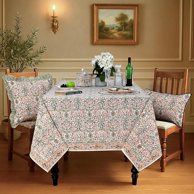 Ridhi Sassy Salmon and Emerald Green Hand Block Print Cotton Cloth Dinning Table Cover Wedding Farmhouse Thanksgiving Christmas Spring Fall Tablecloth 4 Seater 60x60 Inches Square