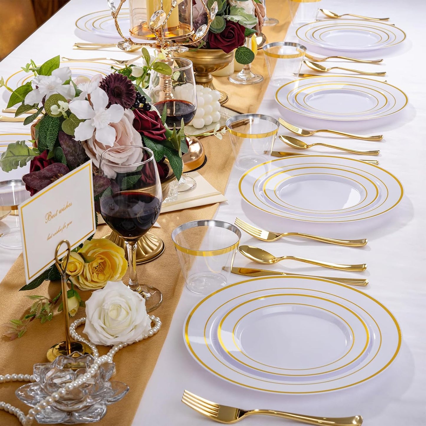 WELLIFE 450 PCS Gold Disposable Dinnerware Set for 75 Guests, 75 Each-Dinner & Salad Plates,Cups, Forks, Knives, Spoons for Wedding and Party Supplies