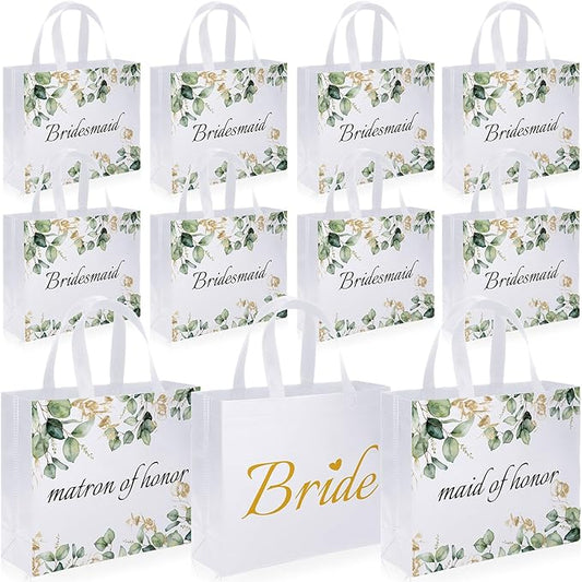 Set of 12 Greenery Eucalyptus Bridesmaid Tote Bags Large Reusable Bridal Shower Gift Bags with Handle for Wedding Bridal Shower Proposal Bachelorette Supplies 11.8 x 3.9 x 9.8 Inch