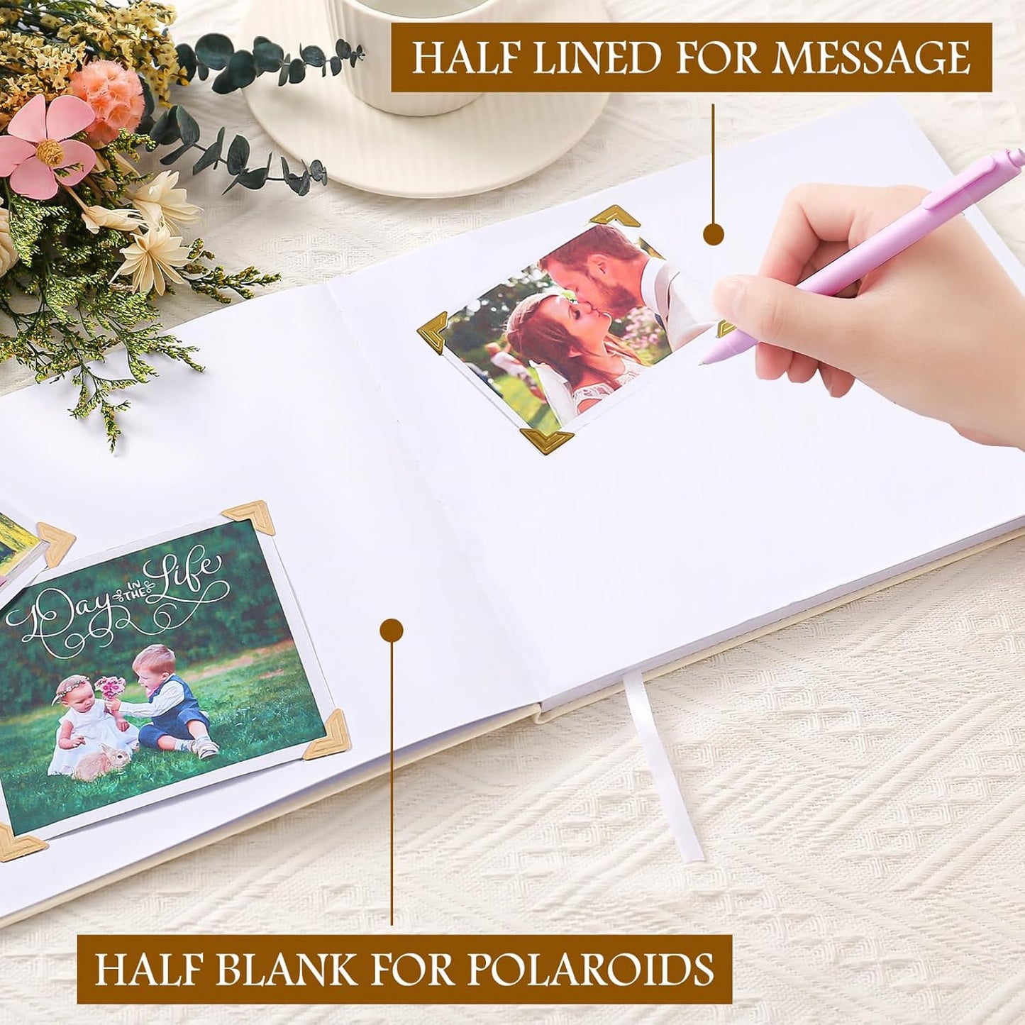 8x10 Leather Guest Book and Standup Sign Set, Gold Foiled Cover Registry Book for Wedding Reception, Retirement Party, Vacation Homes and Events, 120 Sheets (White Blank)