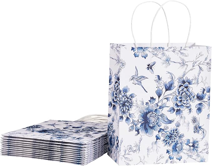 Loveinside Blue and White Flower Paper Gift Bag, Vintage Floral Deisgn with Handles Grocery Shopping Bags Candy Goodie Bags for Birthday, Wedding, Spring, Mother's Day, 8" x 4" x 10", 12 Pcs
