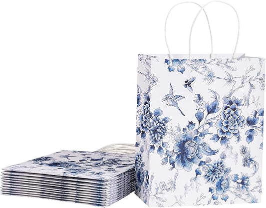 Loveinside Blue and White Flower Paper Gift Bag, Vintage Floral Deisgn with Handles Grocery Shopping Bags Candy Goodie Bags for Birthday, Wedding, Spring, Mother's Day, 8" x 4" x 10", 12 Pcs