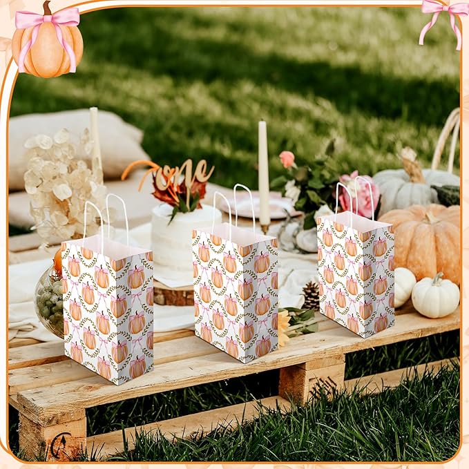 Kolldenn 16 Pcs Coquette Pumpkin Bow Paper Gift Bags Women Birthday Thanksgiving Party Favor Goodie Candy Bags with Handles for Bridal Engagement Party Supplies 8.3 x 5.9 x 3.1 In(White, Pumpkin Bow)
