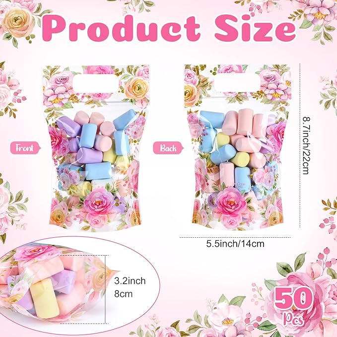 Blosssound 50 Pcs Floral Plastic Bags Clear Flower Baby Shower Bags Pink Flower Baby in Bloom Favor Pouches with Handles for Pink Tea Party Birthday Candy Gift Wrapping Supplies Decoration (Floral)