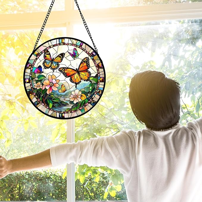 Stained Glass Window Hanging, Butterflies Flying in The Sky Suncatcher for Doors Home Sun Catchers Decoration and Christmas, Mother's Day Birthday Gifts for Women, Men, and Mom 11.8x11.8 in