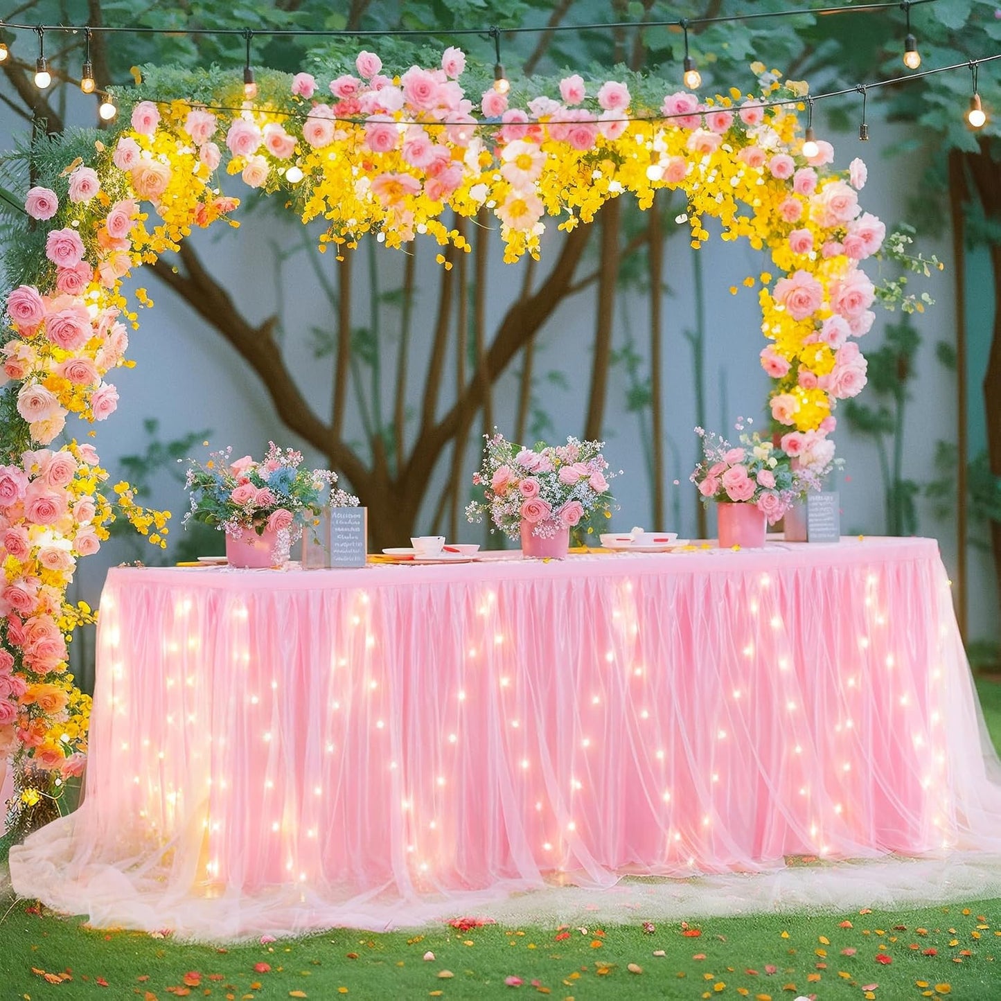 17FT Pink Tulle Table Skirt for Rectangle or Round Tables, Pink Tutu Table Skirt with LED Lights for Princess Girl Birthday Party Baby Shower Gender Reveal Wedding Banquet Cake Dessert Decorations