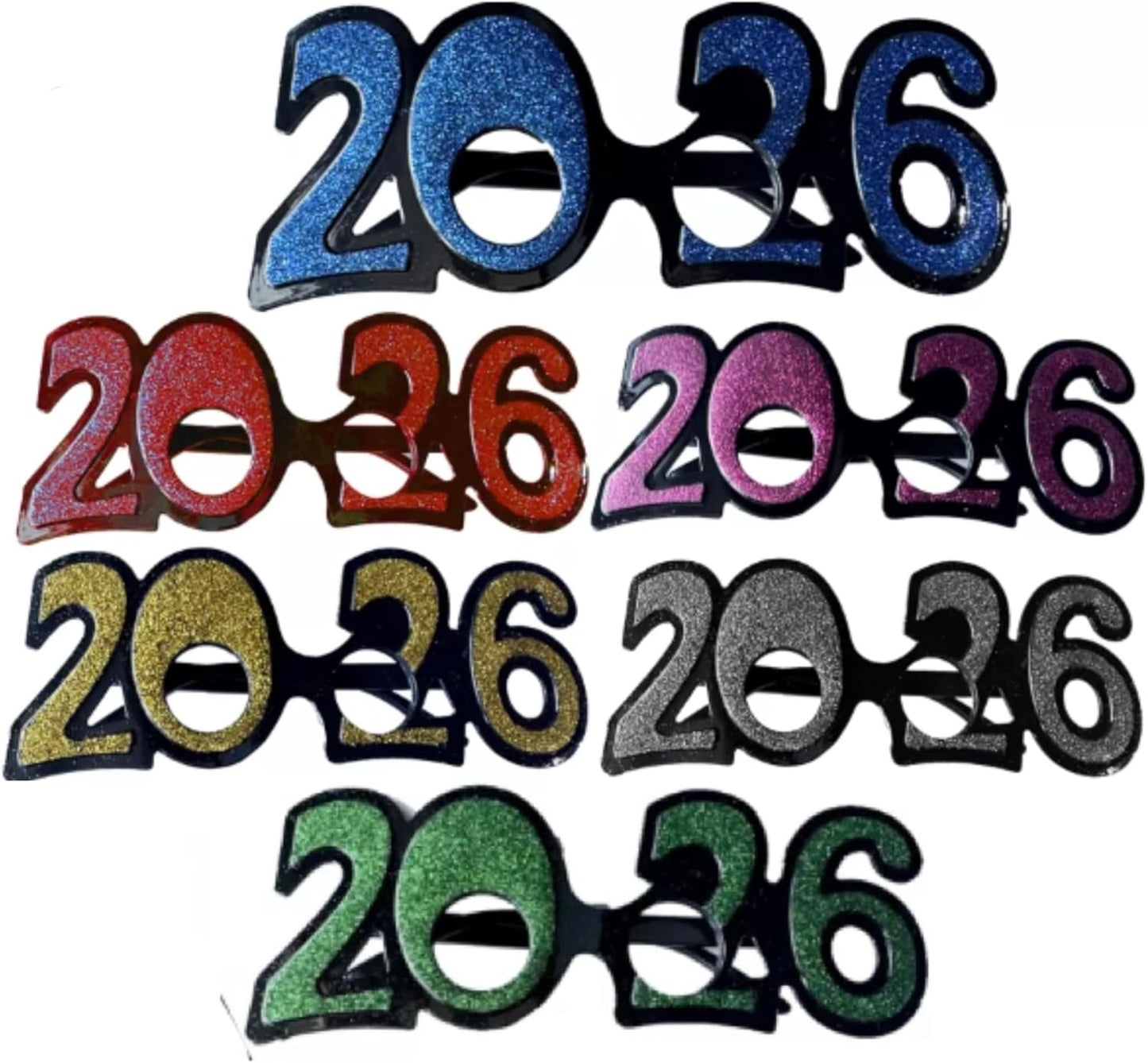 2026 Novelty Shaped New Year's Eve Props Party Favor Cute Glitter Plastic Frame Glasses- 12 Packs