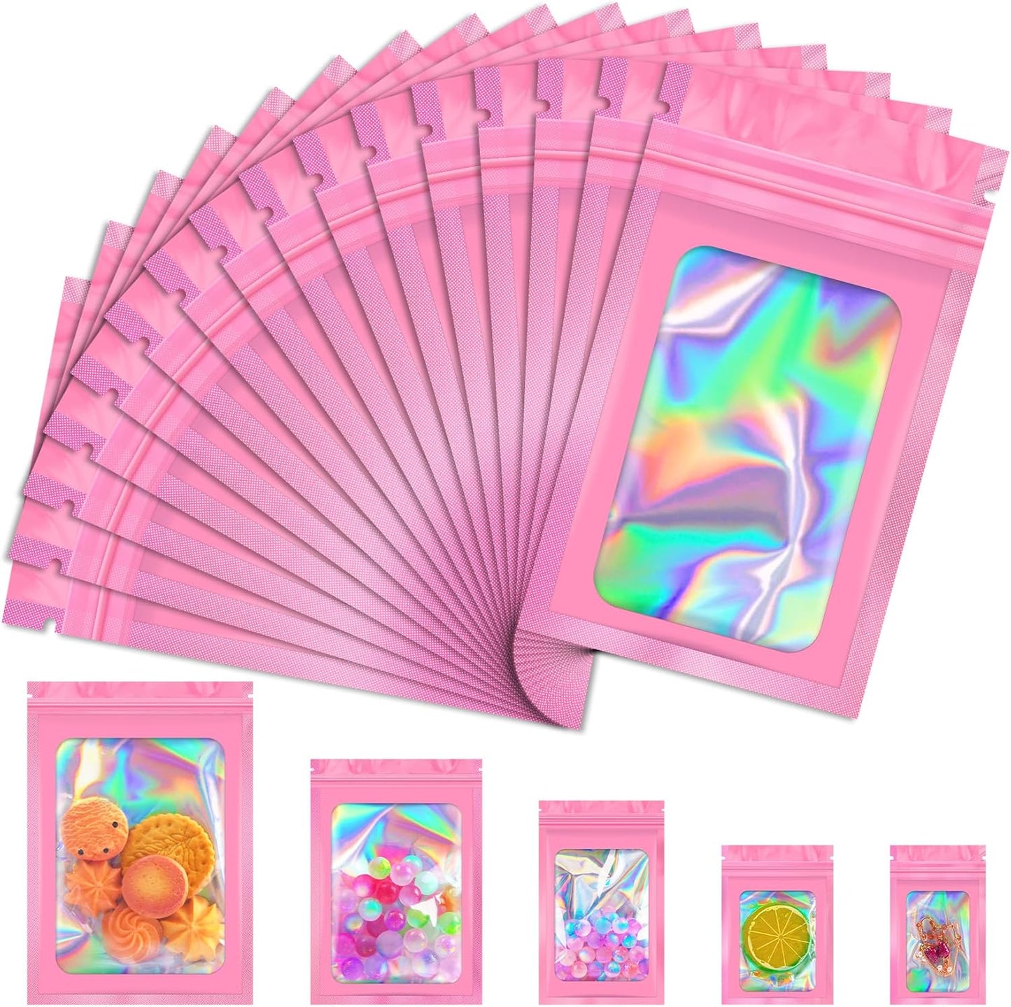 100 PCS Mylar Bags, Pink Holographic Bags, Resealable Bag for Small Business, Foil Pouch Bag for Food Storage, Bracelets, Jewelry（3x5in）
