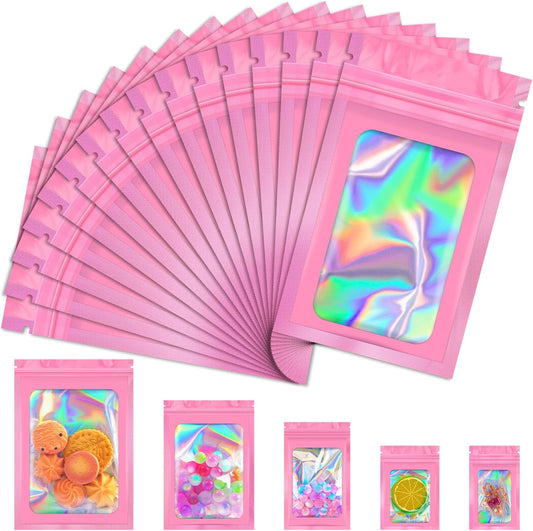 100 PCS Mylar Bags, Pink Holographic Bags, Smell Proof Bag, Sealable Bag for Packaging, Foil Pouch Bag for Food Storage, Bracelets, Jewelry（2.8x3.9in）