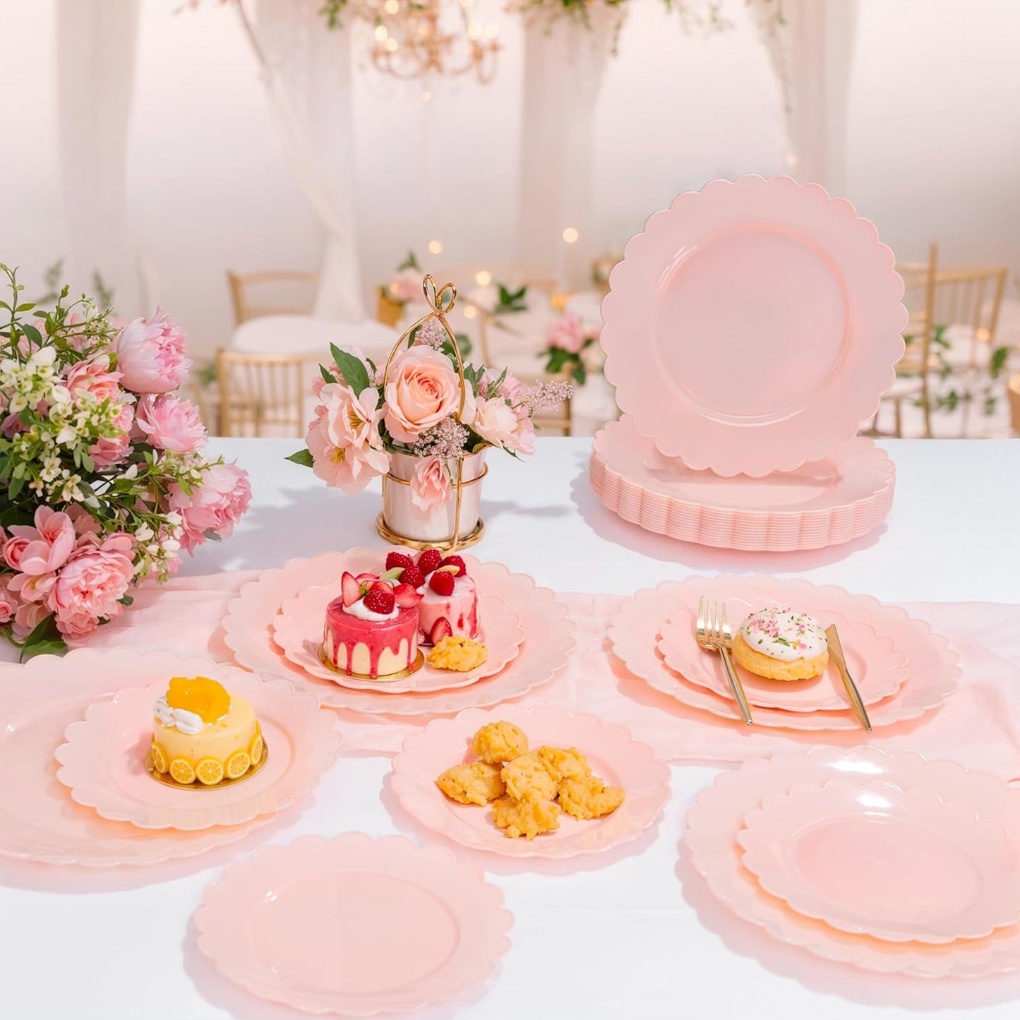 supernal 100pcs Pink Plastic Plates,Heavy Duty Disposable Plates,Party Supplies Include 50 Plastic Dinner & Dessert Plate,Platos Desechables Elegantes,Pink Disposable Plate for Party,Bridal Shower