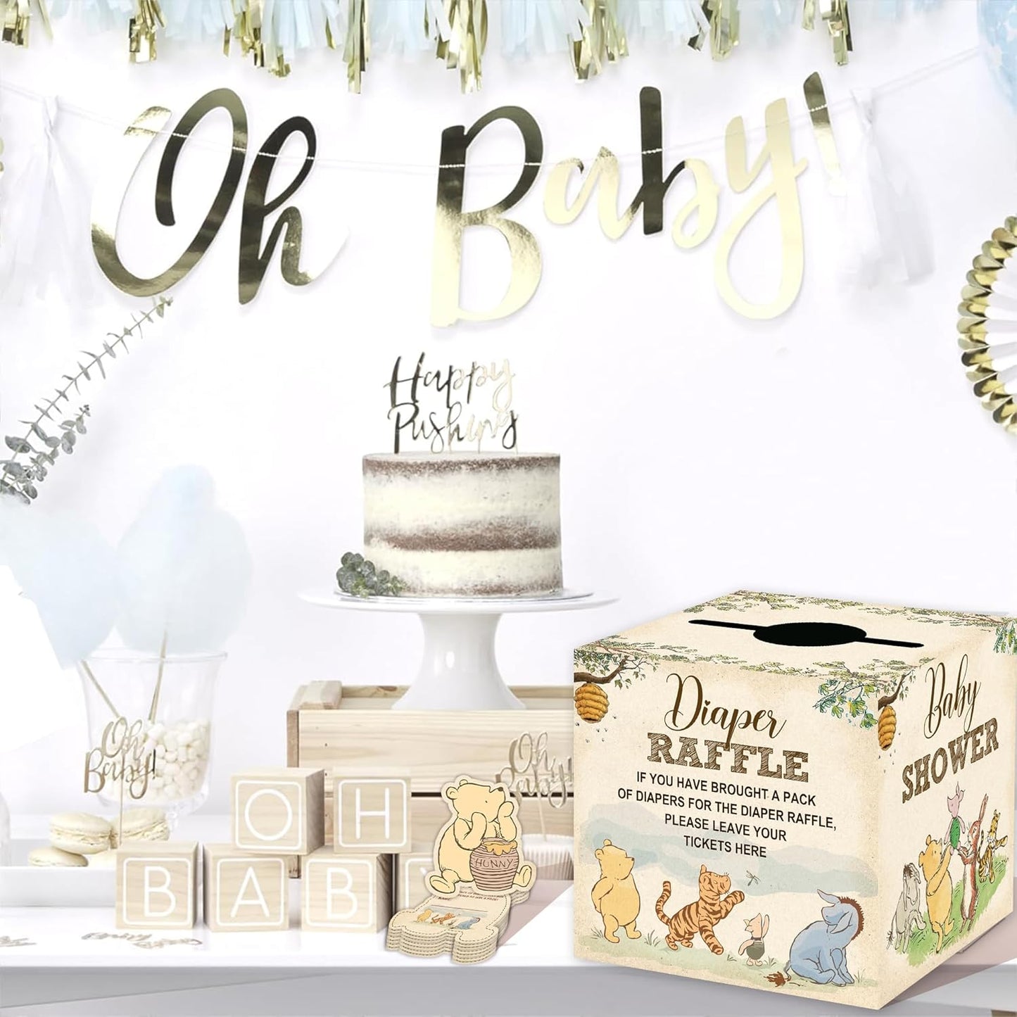 Winnie Baby Shower Decorations, Pooh Party Decorations, the Pooh Baby Shower Games, Winnie Diaper Raffle Box With 50Pcs Winnie Cards，Oh Baby Newborn Party Favors Boys and Girls First Birthday Supplies