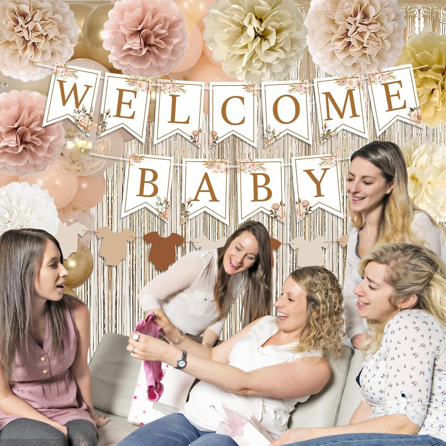 Champagne Baby Shower Decorations- Boho Baby Shower Decor Set with- Welcome Baby Banner, Clothes Banner, Cake Topper, Tissue Pom Poms, Beige Gold Balloons | Neutral Baby Boy Girl Shower Decorations