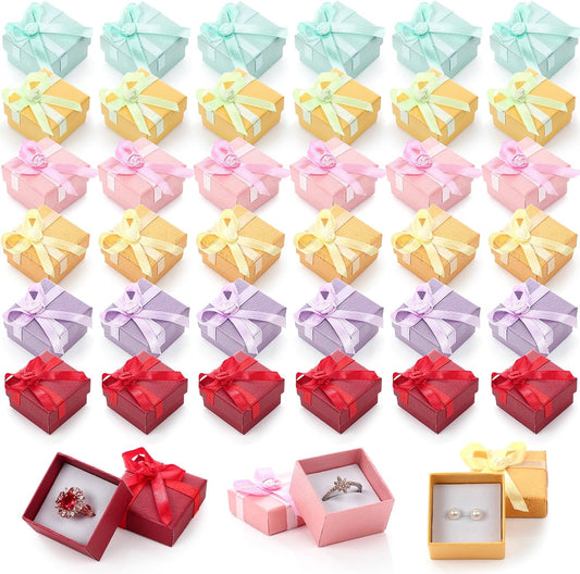 72 Pcs Ring Boxes 1.6 x 1.6 In Hard Cardboard Jewelry Box with Ribbon Bow Small Jewelry Gift Cases for Small Business(Rose Color)