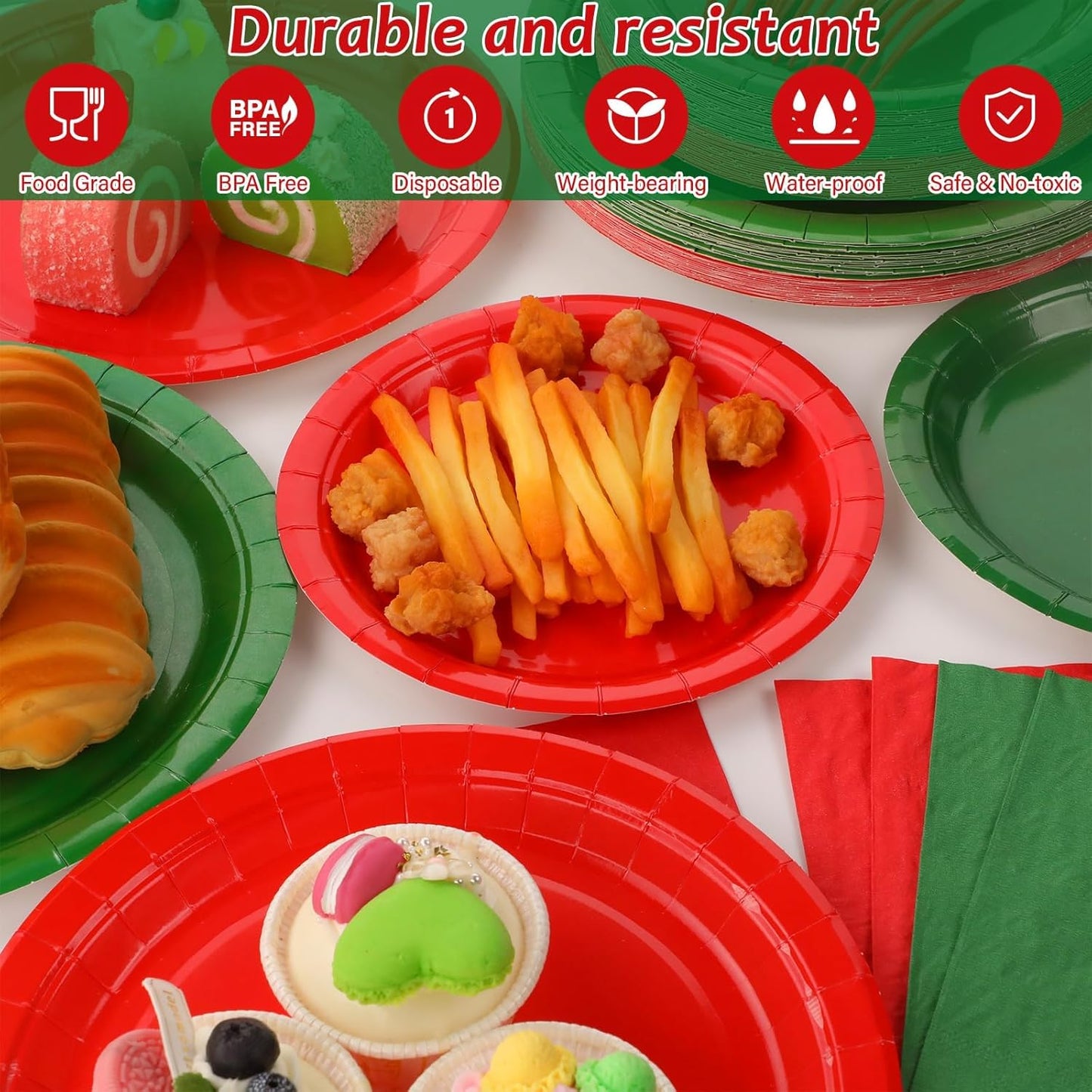 gisgfim 50 Guests Christmas Party Supplies Red and Green Plates and Napkins Plastic Forks Holiday Tableware Xmas Paper Plates for Christmas Party 200PCS