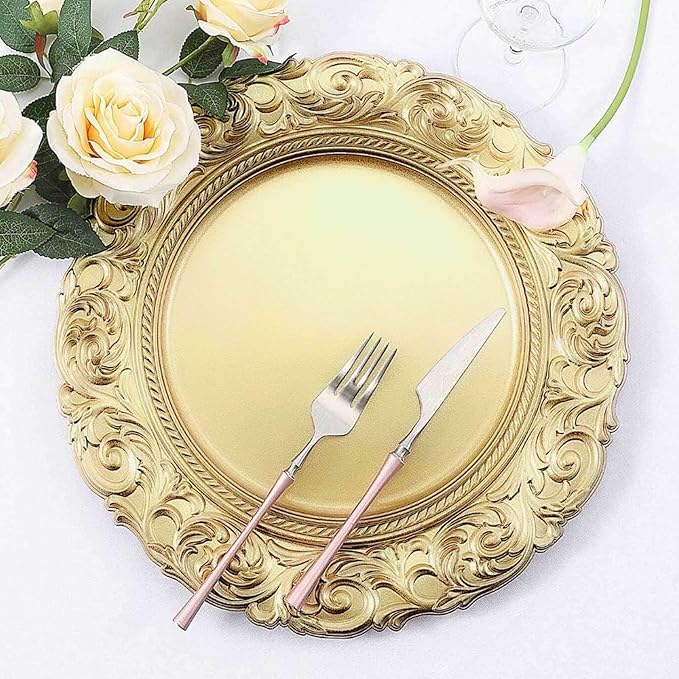 Efavormart 12-Pack Acrylic Charger Plates 14" Round Gold with Engraved Baroque Rim - Vintage Disposable Decorative Chargers