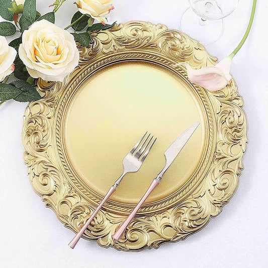 Efavormart Set of 6 GOLD 14" Round Plastic Charger Plates With Engraved Baroque Design Rim For Wedding Party Events