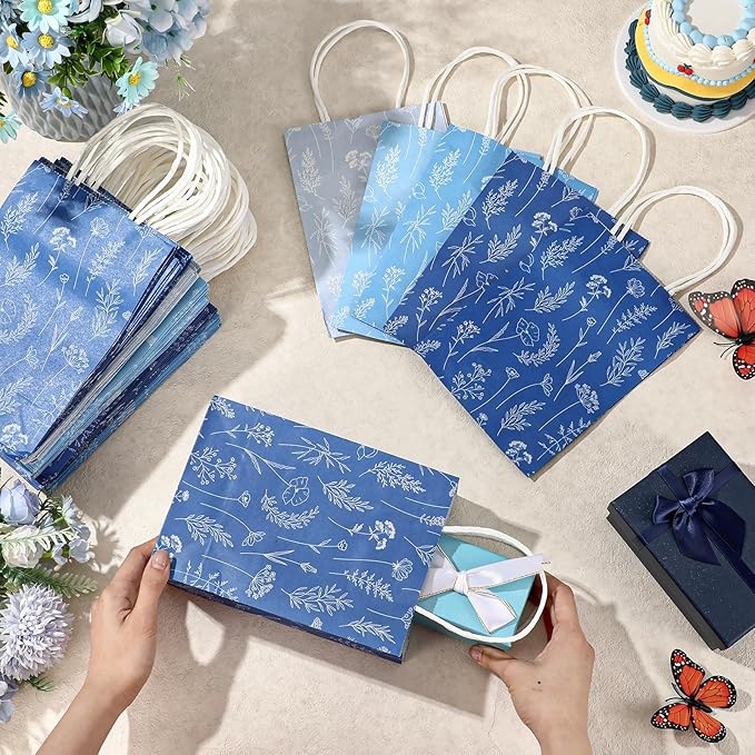 Kolldenn 50 Pcs Blue Wildflower Gift Bags with Handles Paper Floral Goodie Welcome Bag for Wedding Guest Baby Shower Bridal Birthday Party Favor, 5.91 x 3.15 x 8.27 Inches