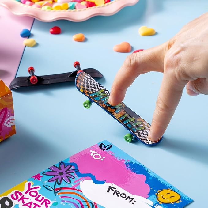 JOYIN 28 Pcs Valentines Day Finger Skateboards with Cards for Kids, Valentine Party Favor, Greeting Cards, Classroom Exchange Prizes, Holiday Reward Gifts, Finger Skateboard Toys