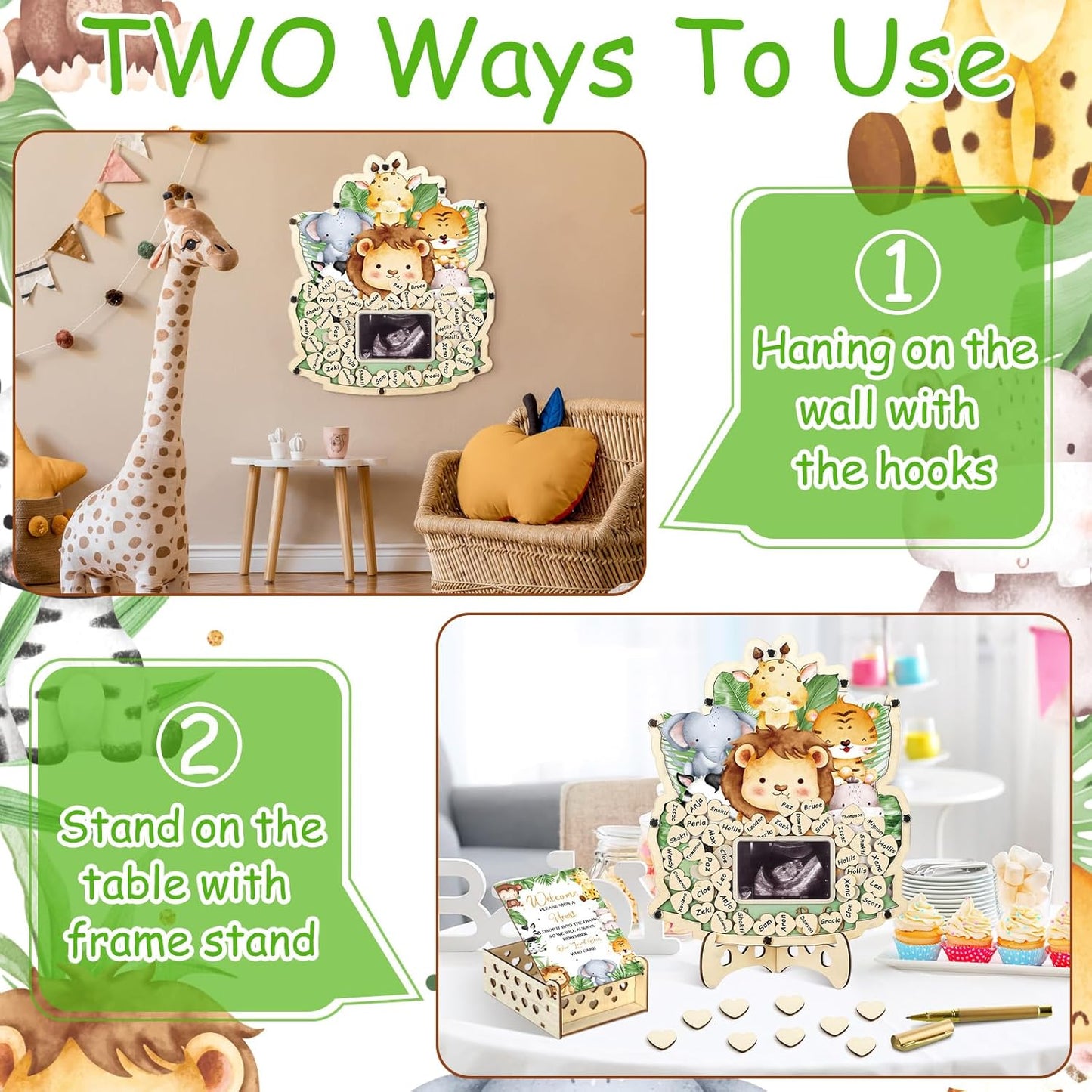 Wenqik 63 Pcs Safari Animal Baby Shower Guest Book Alternatives Set Baby Shower Decorations with Photo Frame Sonogram Frame Keepsake 60 Wood Slices Guest Book for Birthday