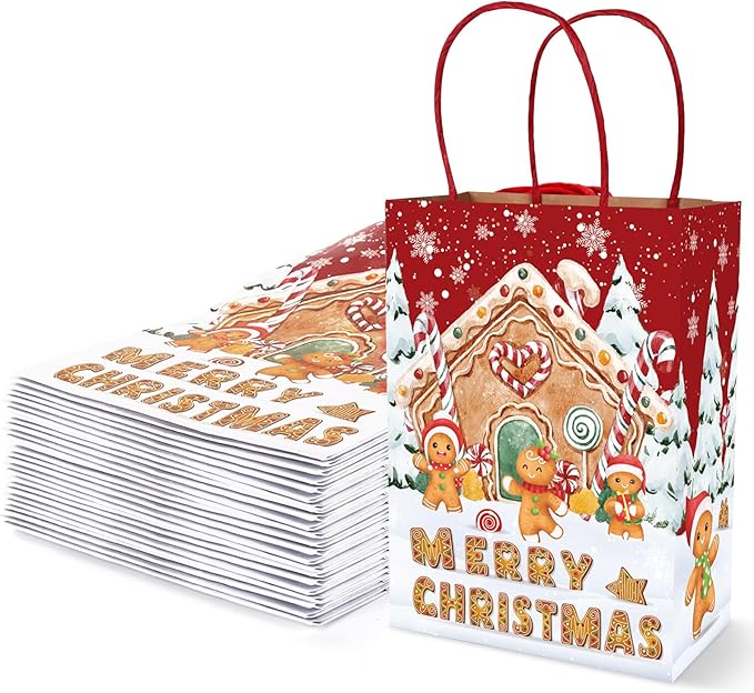 JarThenaAMCS 24Pcs Christmas Gingerbread Paper Gift Bags Merry Christmas Treat Bags with Handles Winter Snowy Candy Goodie Bag Grocery Bag for Xmas Party Supplies