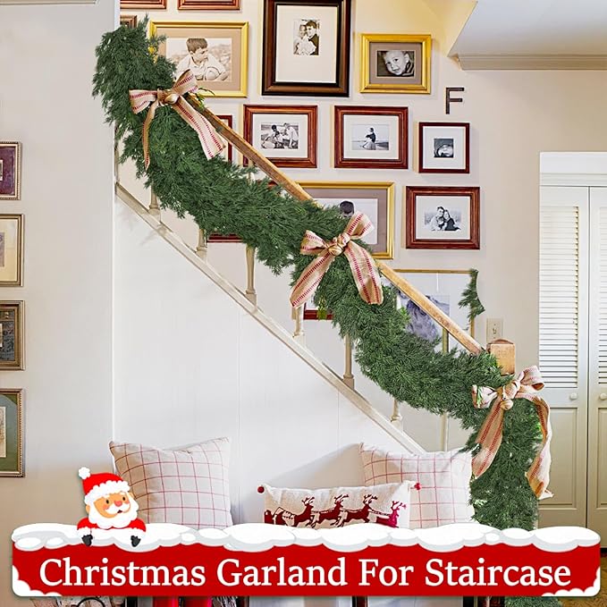 16 Ft Christmas Garland Soft Bendable Realistic Artificial Cedar Pine Green Xmas Mantle Garland for Staircase with Gift box Garlands for Decoration Christmas fireplace porch Table Home Room Yard Decor