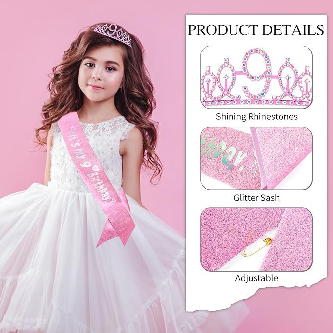 9th Birthday Party Decorations Set for Girls- Pink Crown, Glitter Sash, Number 9 Candle & Cake Topper Kit for Birthday Celebrations Party Supplies Gift
