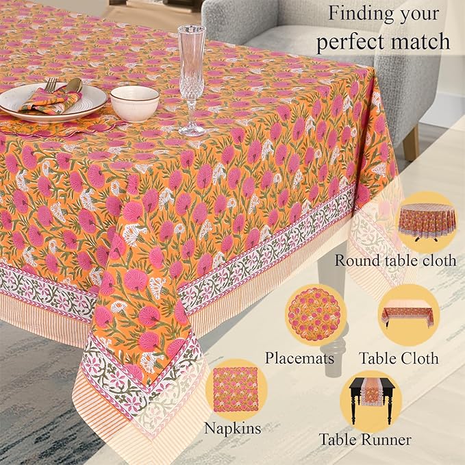 Ridhi Hand Block Print Bubblegum Pink Rectangle Cotton Tablecloth 160" x 72" Reusable Table Cover Decorative Everyday Use for Dining, Farmhouse, Home Gift for Spring, Easter, Valentine