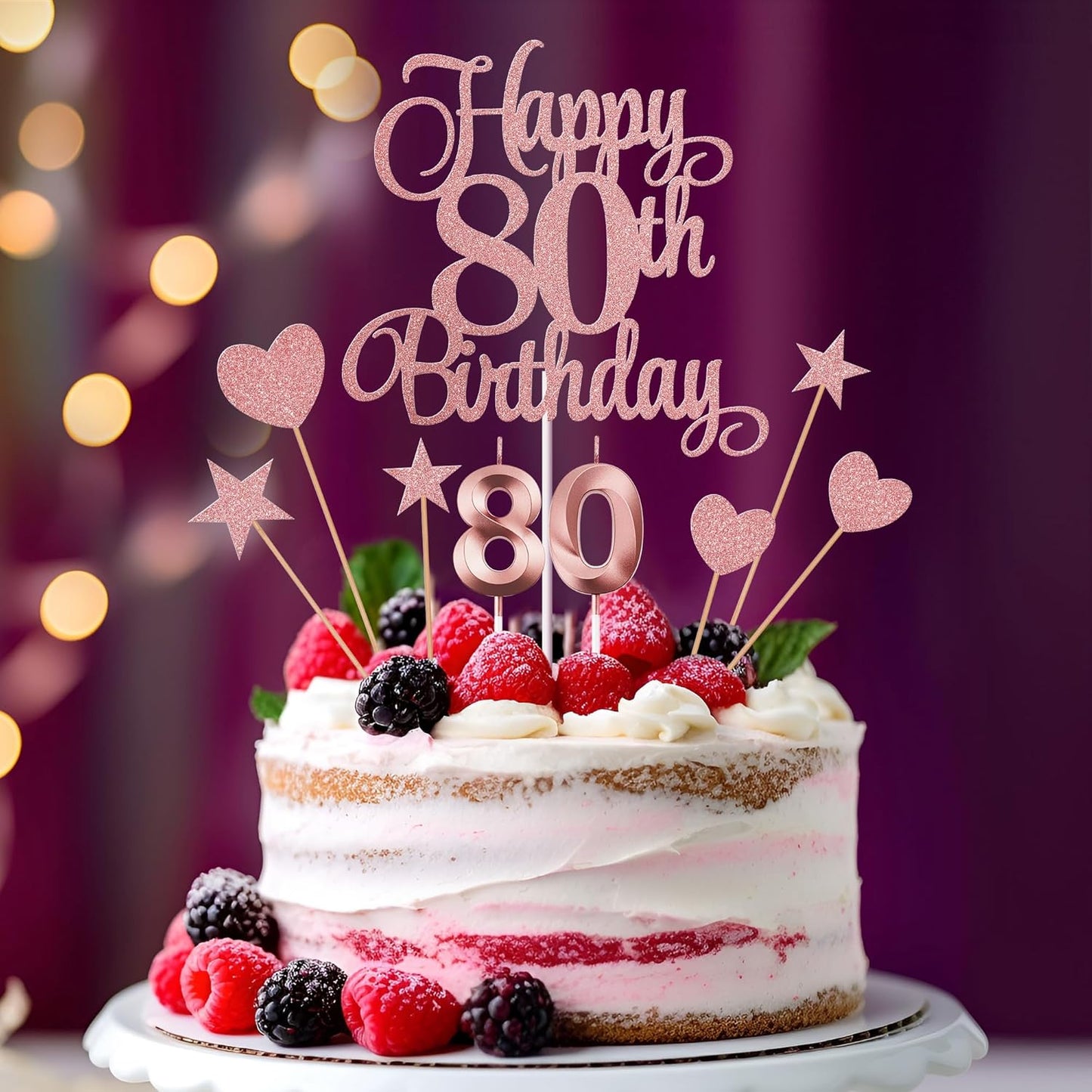 80th Birthday Cake Decorations, 80th Birthday Candles Cake Numeral Candles and Glitter Happy 80th Birthday Cake Toppers Set for Birthday Party Supplies (Rose Gold)