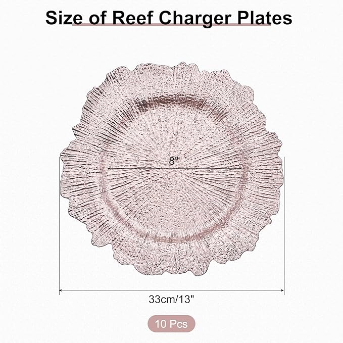 uxcell 10pcs Reef Charger Plates Bulk, 13 Inch Plastic Floral Charger Plates, Round Plate Chargers for Dinner Wedding Party Event Table Setting Decoration Rose Gold