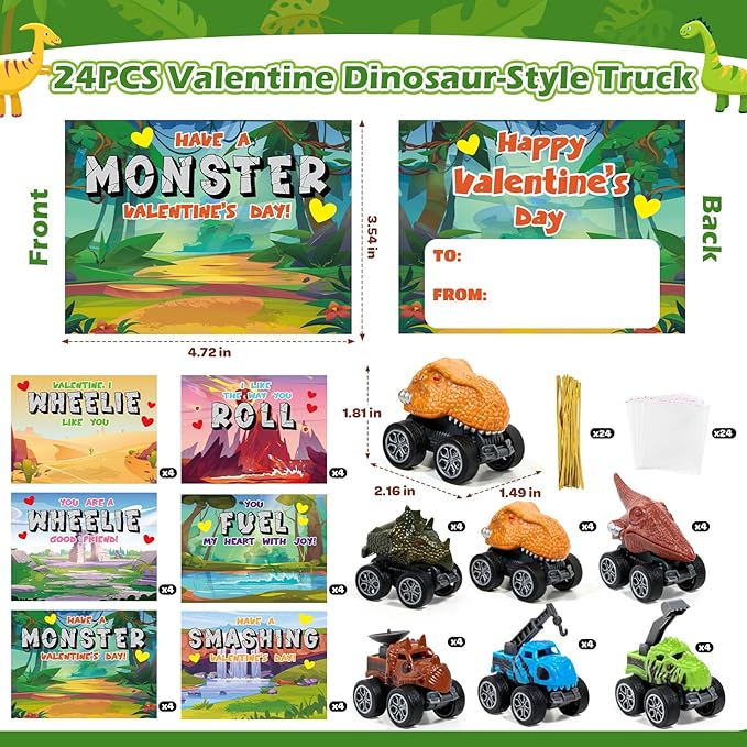 Valentines Day Cards for Kids School - 24 Pack Pull Back Monster Dinosaur Truck Toys with Cards, Valentines Day Gifts for Kids, Valentines Classroom Exchange Prizes, School Party Favor Toys