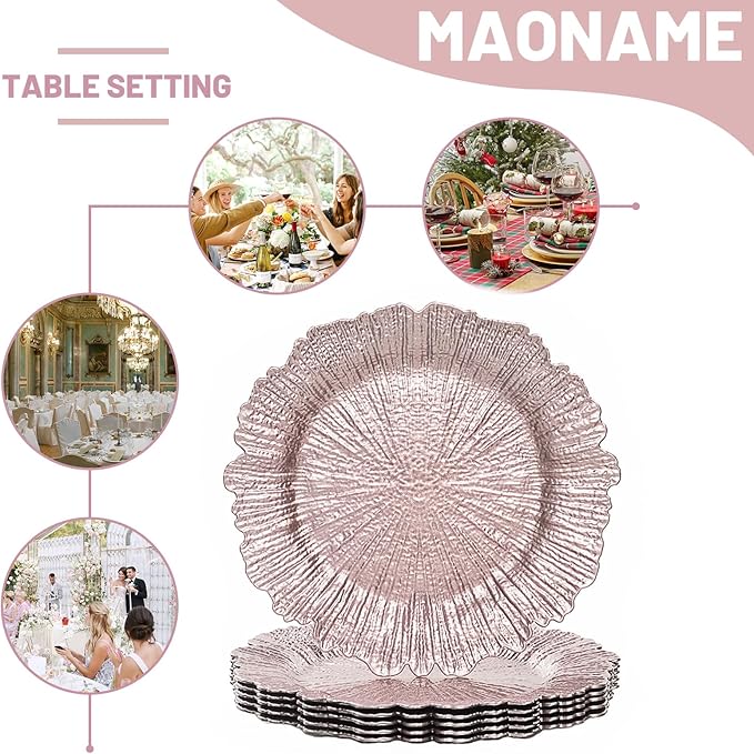 MAONAME Round 13" Reef Charger Plates, Pink Plate Chargers Set of 6, Plastic Chargers for Dinner Plates, Thanksgiving, Christmas, Wedding