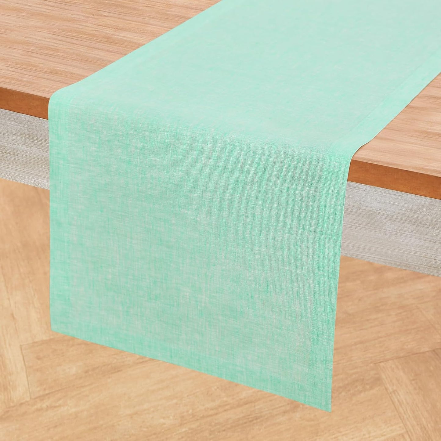 Solino Home Linen Table Runner 36 Inches - 100% Pure Linen Chambray Aqua Table Runner 14 x 36 Inch Ideal for Dresser and Coffee Tables - Athena