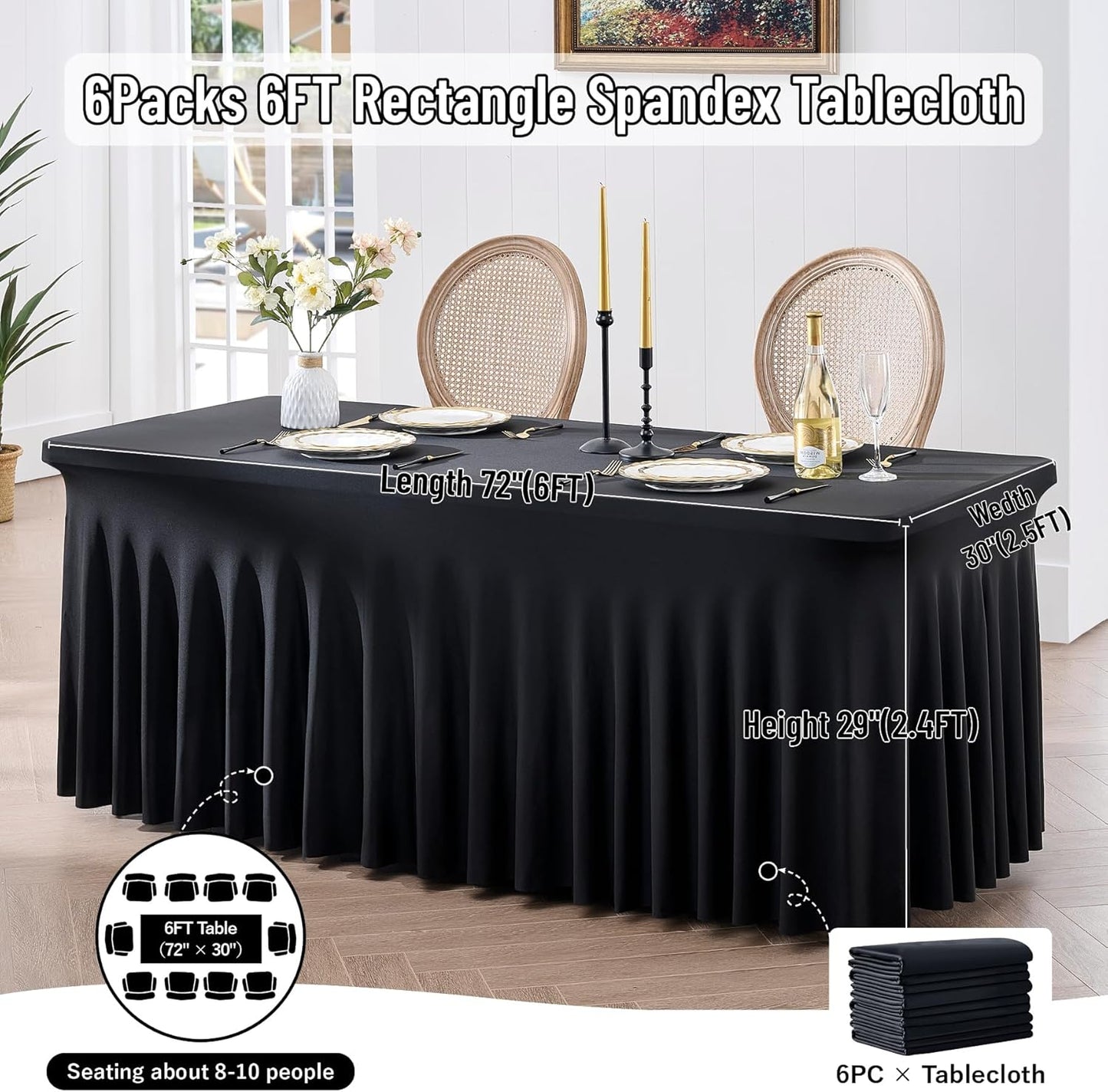 leegleri 6 Pack Black Spandex Table Cloths for 6 Foot Rectangle Tables, Wrinkle Free Fitted Stretch Tablecloths 6ft, Black Banquet Tablecloth with Skirt for Parties Weddings Birthday