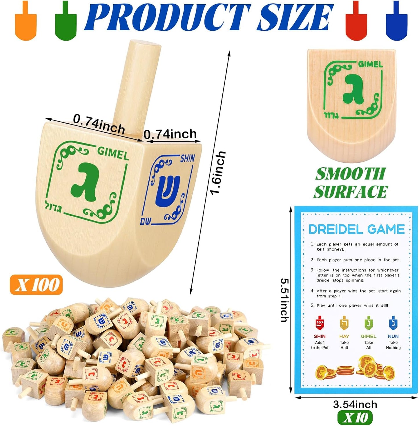 Wettarn 100 Pieces Hanukkah Dreidels Bulk Wooden Hanukkah Dreidels with Game Instruction Cards for Party Game(Size 1,Chic Style)