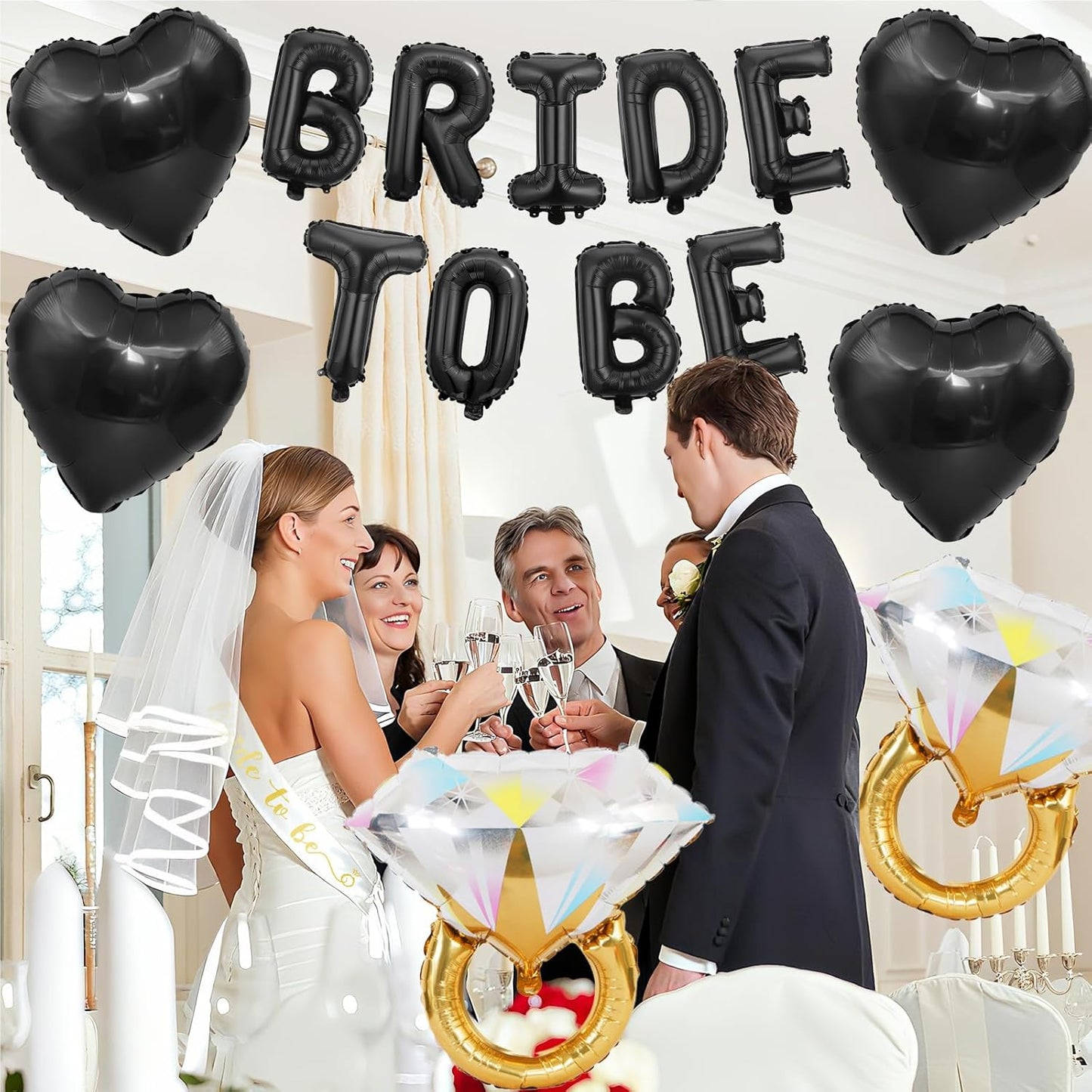 Black Bachelorette Party Decorations, Black Bride to Be Banner Heart Balloons with Diamond Ring Foil Balloon, Gold Bride to Be Sash&Veil for Bachelorette Engagement Gift Bridal Shower Party Supplies