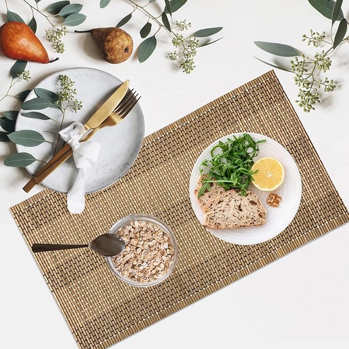 ANDSTAR Set of 4 Weave Bamboo Placemat Modern Table Natural Anti-Slip Bamboo Placemats Washable Heat-Resistant Table Mats for Kitchen Dinning Room Table Decor(12x24 inch,Brown)