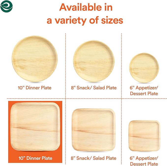 ECO SOUL 10 Inch Disposable Palm Leaf Plates [200 Pack] Premium Food-Safe Heavy Duty Compostable Bamboo Paper Plates for Lunch, Dinner, Birthday, Weddings, Party, Camping & Catering Events [Square]