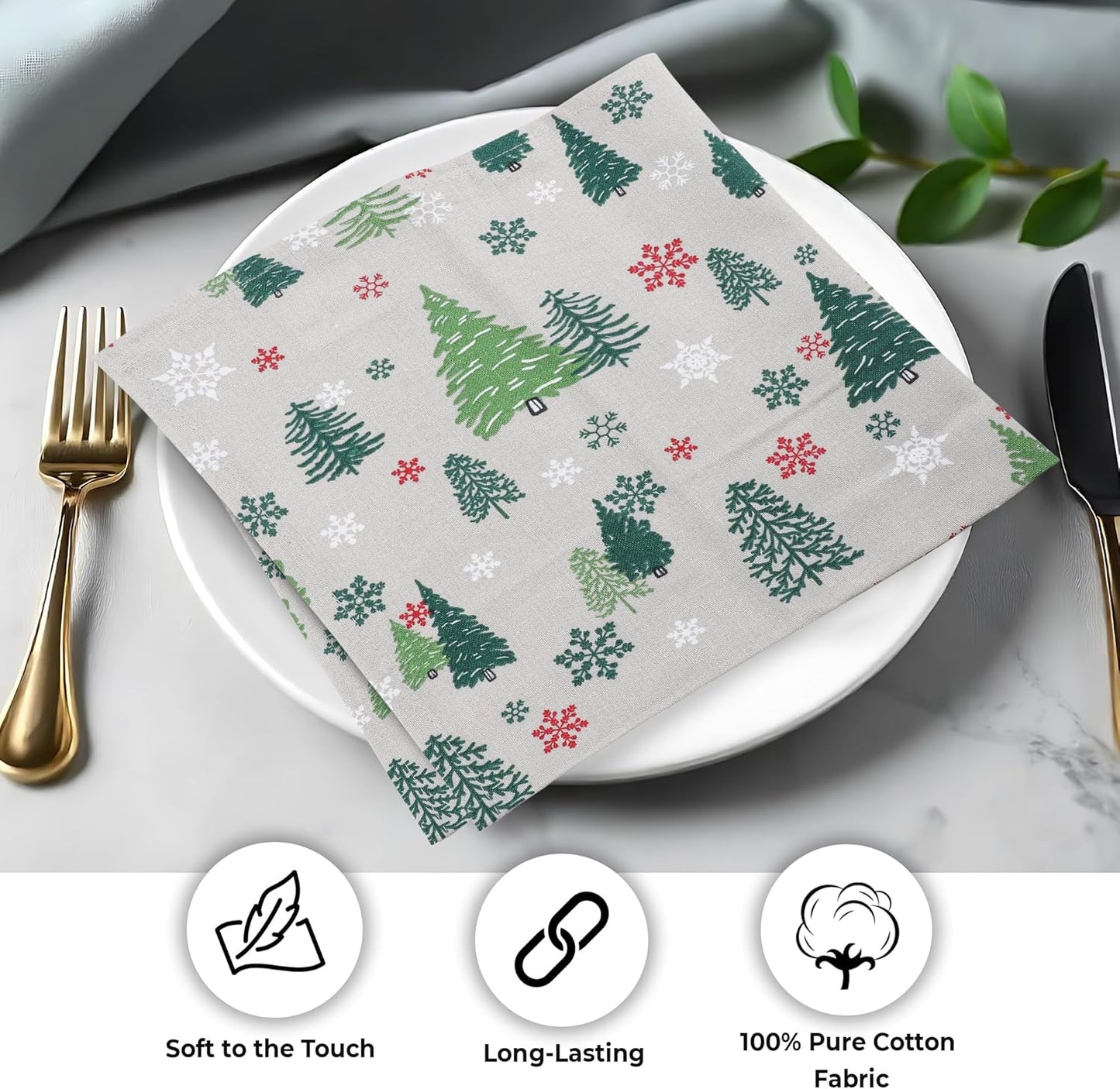Urban Villa Christmas Cloth Napkins Green Trees Print Set of 12 100% Cotton Absorbent Dinner Napkins (20X20 Inches)Over Sized Soft Durable Reusable Washable Ideal for Home Wedding Parties Everyday use