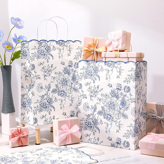 Kolldenn 24 Pcs Blue Floral Party Favor Bags with Handles 10 x 5 x 13 Inch Large Scalloped Wildflower Goodie Candy Gift Treat Bags for Birthday Decoration for Bridal Baby Shower Party Supplie