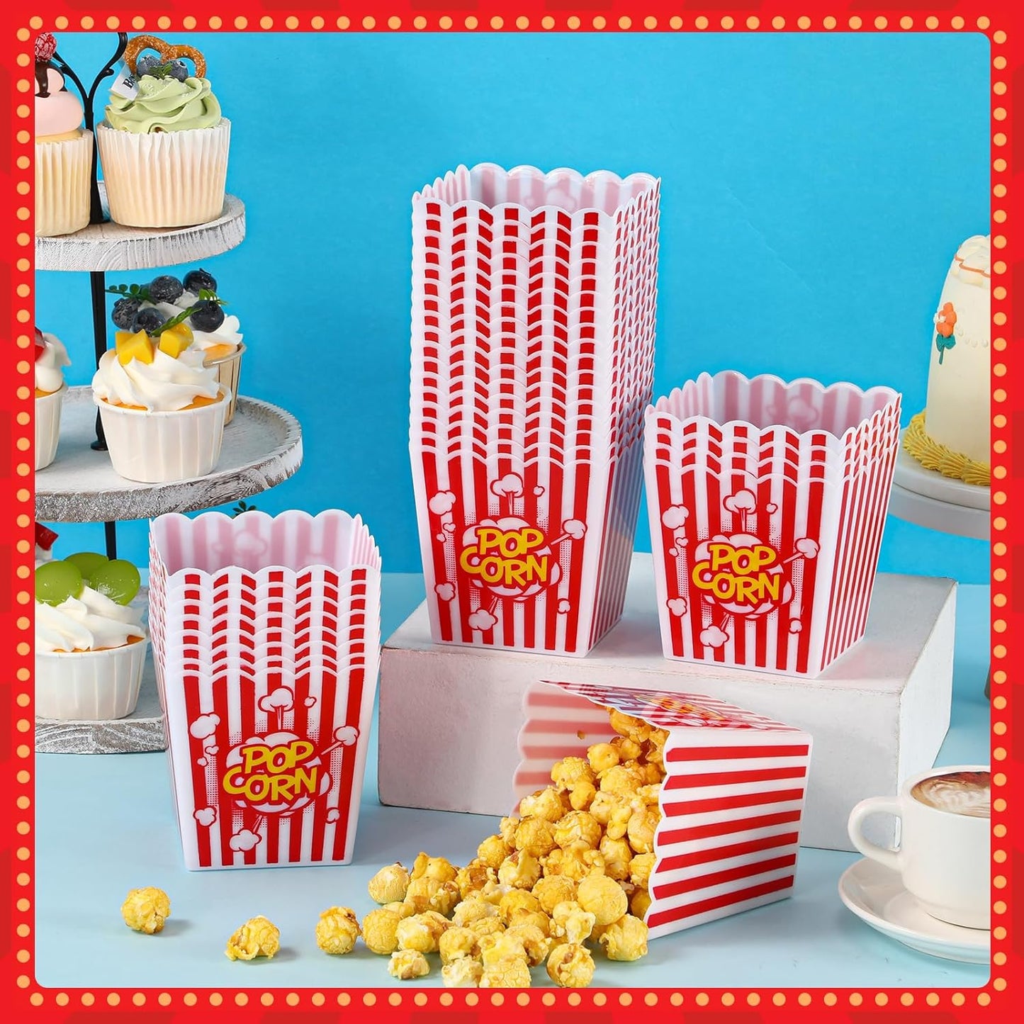 LemonRoad 30 Pcs Plastic Open Top Popcorn Boxes Red and White Striped Classic Popcorn Reusable Movie Theater Style Container Set Bucket Tub for Cinema and Home Use 3.94 Tall x 3.94 Square