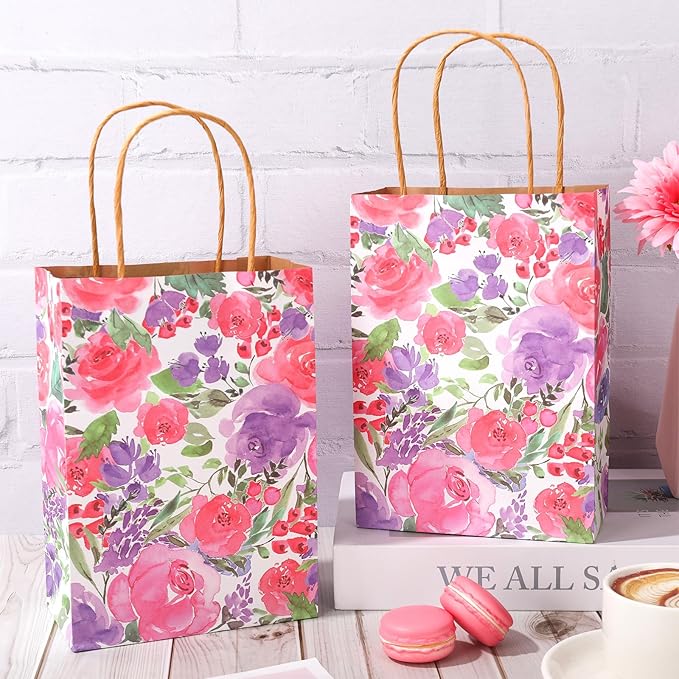 JarThenaAMCS 24Pcs Floral Kraft Paper Bags with Handles Summer Watercolor Purple Flower Treat Gift Bag Blossom Candy Goodie Bag for Wedding Birthday Baby Shower Party Favors Supplies