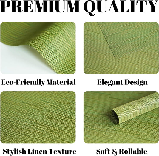 Placemats Set of 6 Vinyl/Plastic Woven Place Mats for Kitchen Table Indoor/Outdoor Washable Placemat Wipeable Dining Table Mats (Oliver Green,6)