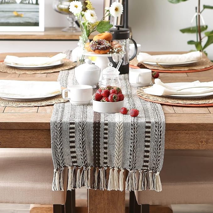 DII Farmhouse Braided Stripe Table Runner Collection, 15x72 (15x77, Fringe Included), Dark Brown