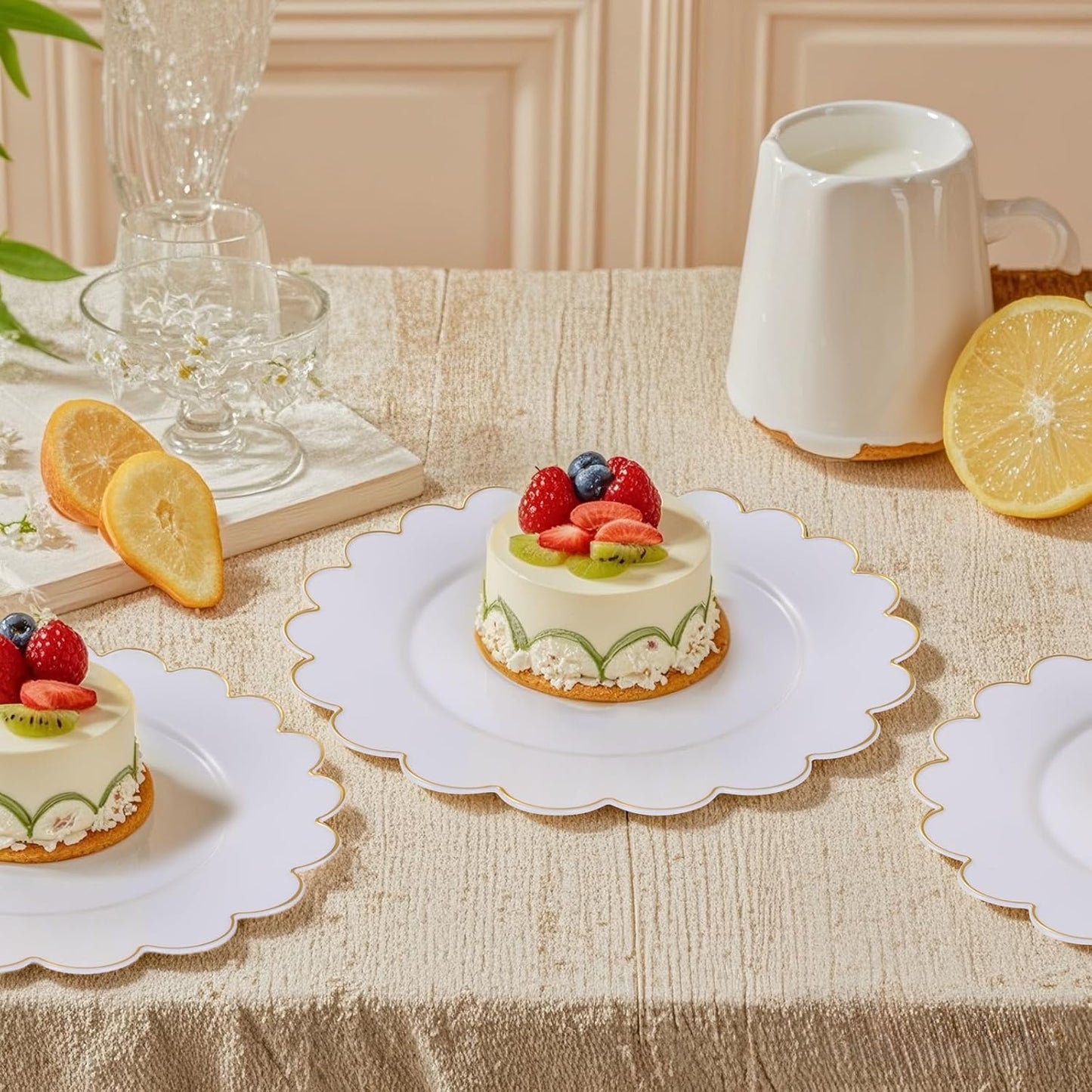 LIYH 100 Pcs Gold White Dessert Plates - 7.5" Disposable Fancy Cake Plates - White with Gold Rim Premium Hard Appetizer Cake Plastic Wedding Plate for Party,Bridal Shower,Birthday